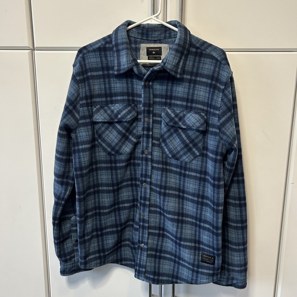 Quiksilver Mens Blue Plaid Fleece Shirt Jacket Modern Fit Large L Snap Front